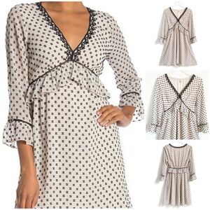 Max Studio Clip Dot Boho Ruffle Dress – Ivory & Black, Sheer Long Sleeve M